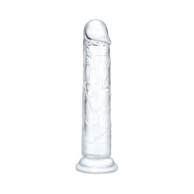 Clear 8.5 inch realistic textured dildo with flared base for harness compatibility and versatile use.