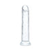 Clear 8.5 inch realistic textured dildo with flared base for harness compatibility and versatile use.