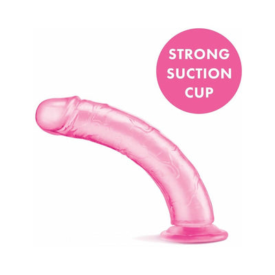 Pink translucent 8.5 inch curved dildo with strong suction cup base for hands-free use.