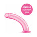 Pink translucent 8.5 inch curved dildo with strong suction cup base for hands-free use.