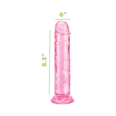 Pink translucent 8.5 inch realistic dildo with flared base and 6 inch girth measurement shown.