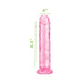 Pink translucent 8.5 inch realistic dildo with flared base and 6 inch girth measurement shown.