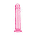 Translucent pink 8.5-inch realistic dildo with flared base for harness use and easy cleaning.