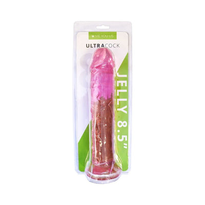 Pink and brown 8.5 inch jelly dildo in clear plastic packaging with green and white label