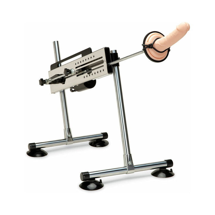 Adjustable stainless steel sex machine with suction cup base and attached realistic dildo for customizable use.