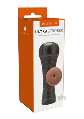 Packaging of Myu Ultrastroker V4 male anal masturbator with removable insert and realistic texture in caramel color.