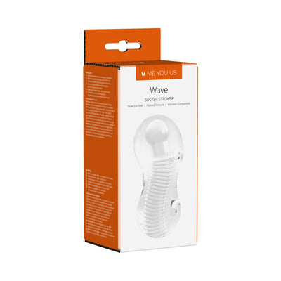 Packaging box of Me You Us Wave Sucker Stroker male masturbator with clear ribbed textured design shown on front.