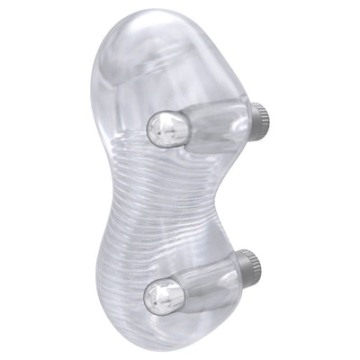 Clear ergonomic male stroker with ribbed interior and dual vibration bullet slots for enhanced stimulation.