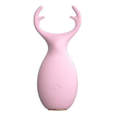 Pink silicone vibrator shaped like antlers with a power button on the front and a smooth, ergonomic design.