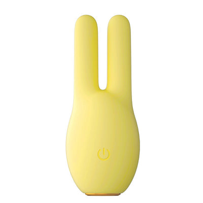 Yellow bunny-shaped vibrator with dual ears and power button on front, made of smooth silicone.