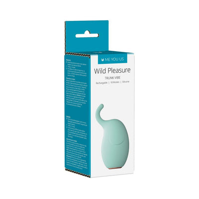 Packaging box of Myu Wild Pleasure Trunk teal vibrator with elephant-inspired design and 10 vibration modes.