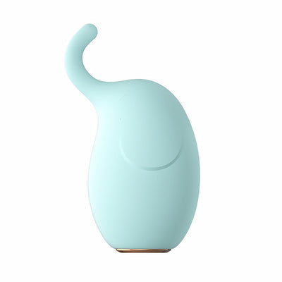 Turquoise elephant-shaped vibrator with curved trunk and smooth silicone finish, designed for targeted pleasure.