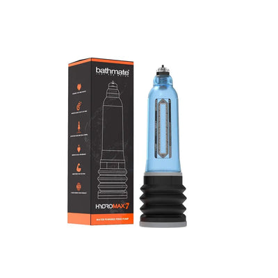 Bathmate Hydromax 7 water-powered pump with black bellows and blue transparent chamber next to its black and orange packaging box.
