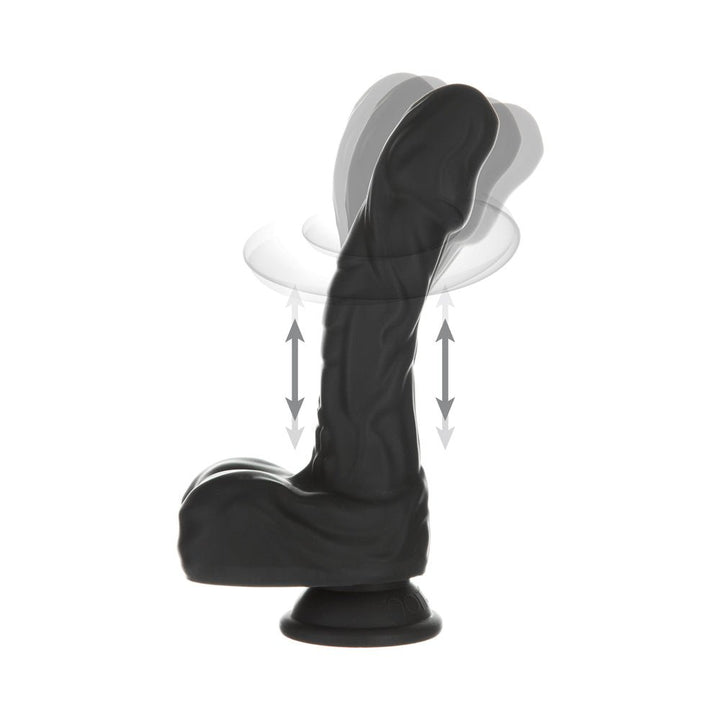 Black rotating and thrusting dildo with suction base shown in motion illustration on white background.