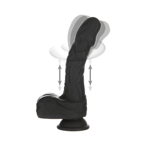 Black rotating and thrusting dildo with suction base shown in motion illustration on white background.
