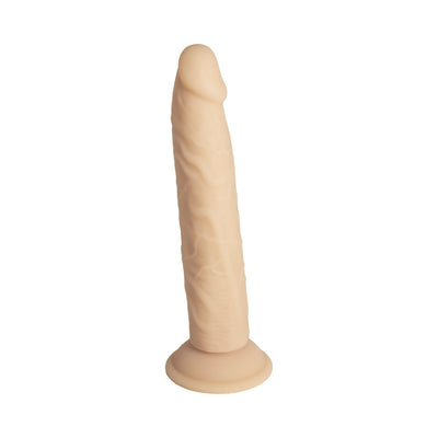 Vanilla-colored 9-inch bendable silicone dildo with realistic texture and suction base on white background.