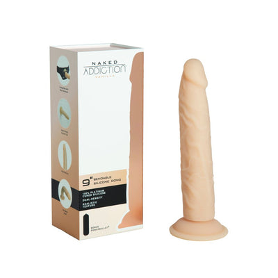 Naked Addiction Vanilla 9-inch bendable dual-density silicone dildo with realistic texture and suction base next to its packaging box.