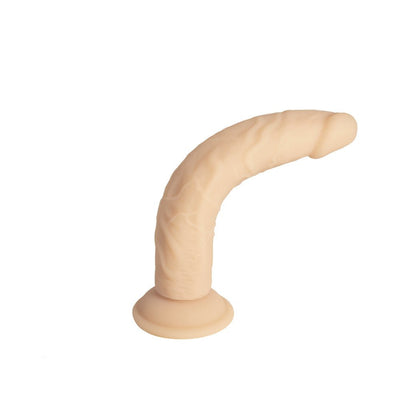 Bendable 9-inch vanilla-colored dual density silicone dildo with suction base and realistic texture.