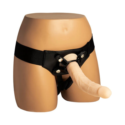 Realistic vanilla-colored 9-inch bendable silicone dildo attached to a black adjustable harness on a mannequin torso.