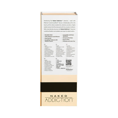 Back view of Naked Addiction Vanilla 9-inch bendable dual density silicone dildo packaging with product features and branding.