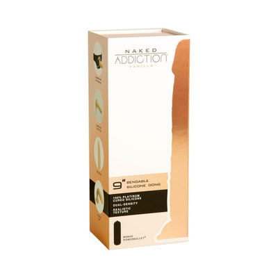 Naked Addiction Vanilla 9-inch bendable dual-density silicone dildo packaging with product features and bonus bullet details.