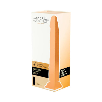 Packaging box of Naked Addiction Vanilla 9-inch bendable dual density silicone dildo with product details and silhouette image.