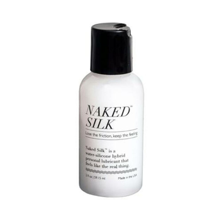 White bottle of Naked Silk water-silicone hybrid personal lubricant with black flip cap on white background.