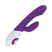 Purple and white dual-stimulation vibrator with ergonomic design and control buttons on the handle.