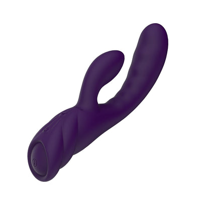 Purple dual-action silicone personal vibrator with curved design and textured shaft, featuring easy-to-use control buttons.