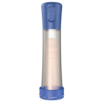 Blue and clear rechargeable water-based penis pump with control buttons and measuring gauge cylinder