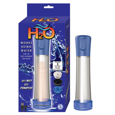 Nasstoys H2o rechargeable blue water penis pump with clear cylinder and three silicone tube sleeves shown with packaging.
