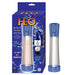 Nasstoys H2o rechargeable blue water penis pump with clear cylinder and three silicone tube sleeves shown with packaging.