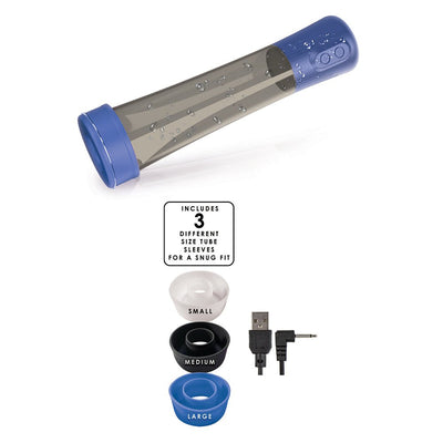 Blue and clear rechargeable water penis pump with three silicone tube sleeves in small, medium, and large sizes and USB charging cable.