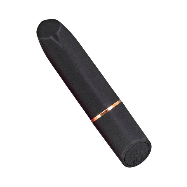 Black rechargeable silicone bullet vibrator with a slim, ergonomic design and rose gold accent ring.