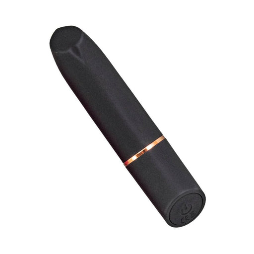 Black rechargeable silicone bullet vibrator with a slim, ergonomic design and rose gold accent ring.