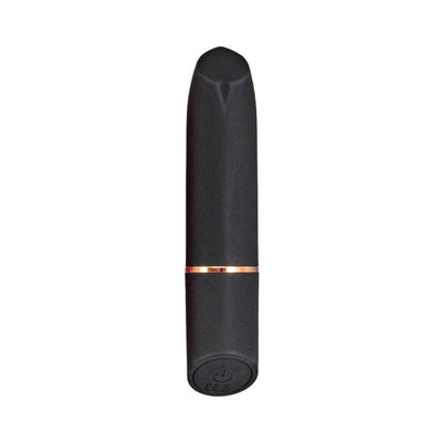 Compact black silicone bullet vibrator with a flat angled tip and rose gold accent band.
