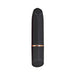 Compact black silicone bullet vibrator with a flat angled tip and rose gold accent band.