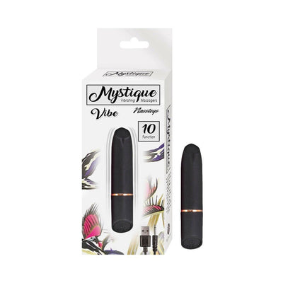 Black rechargeable silicone bullet vibrator with rose gold accent and USB charger next to its white Mystique Vibe packaging box.