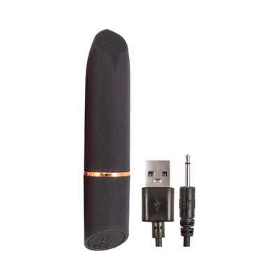 Black slim bullet vibrator with rose gold accent and USB pin charger cable on white background