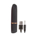 Black slim bullet vibrator with rose gold accent and USB pin charger cable on white background