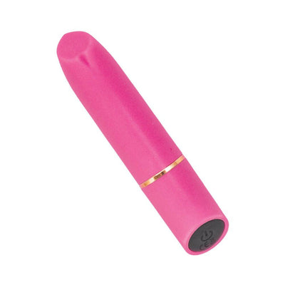 Pink slim rechargeable silicone bullet vibrator with a flat angled tip and gold accent ring.