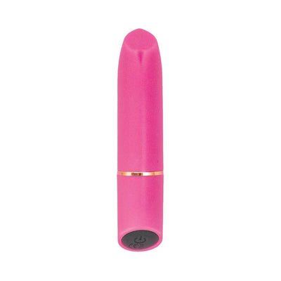 Pink rechargeable silicone bullet vibrator with a flat angled tip and a black power button at the base.