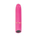 Pink rechargeable silicone bullet vibrator with a flat angled tip and a black power button at the base.