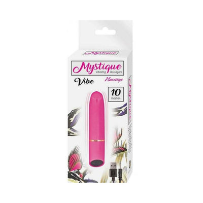 Pink Mystique Vibe rechargeable silicone bullet vibrator in packaging with USB charging cable shown.