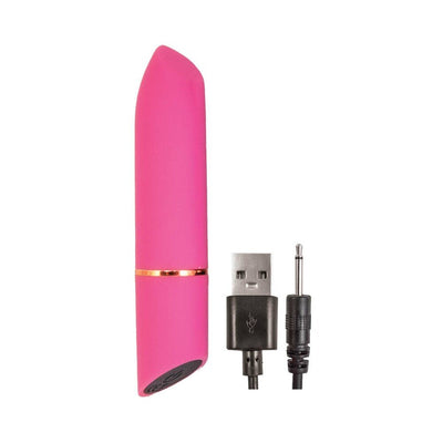 Pink rechargeable silicone bullet vibrator with angled tip and USB charging cable on white background.