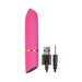 Pink rechargeable silicone bullet vibrator with angled tip and USB charging cable on white background.