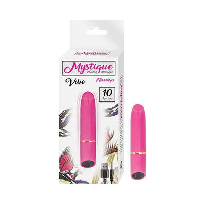 Pink rechargeable silicone bullet vibrator with USB charger and packaging box showing 10 vibration functions.