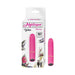 Pink rechargeable silicone bullet vibrator with USB charger and packaging box showing 10 vibration functions.