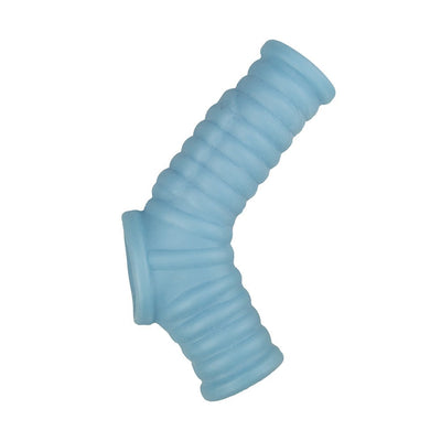 Light blue ribbed vibrating penis enhancer sleeve with dual openings and flexible design.