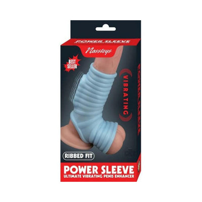 Packaging of Nasstoys Power Sleeve Ribbed Fit vibrating penis enhancer in light blue with ribbed texture and vibrating feature.